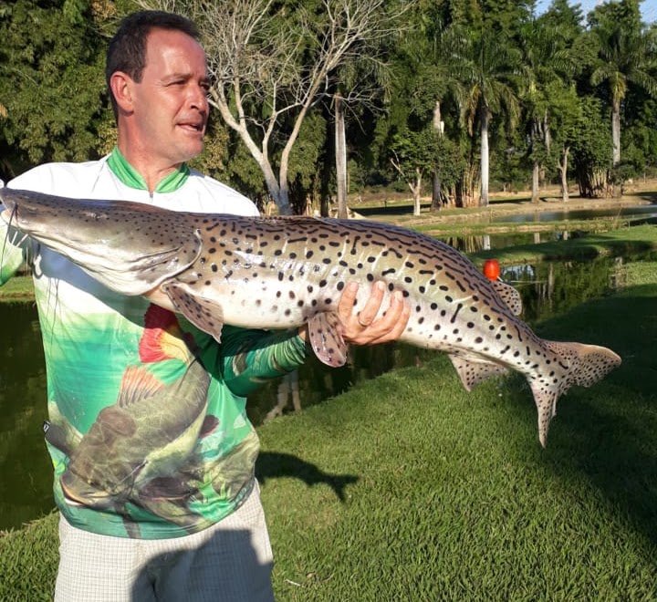 Pescador com surubim pescado na Vila Quatro Estações