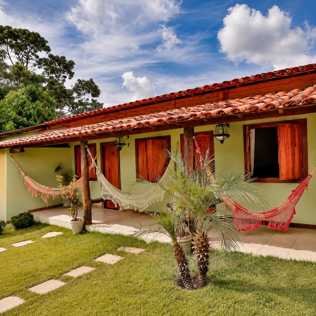 Fachada da suíte com redes na varanda